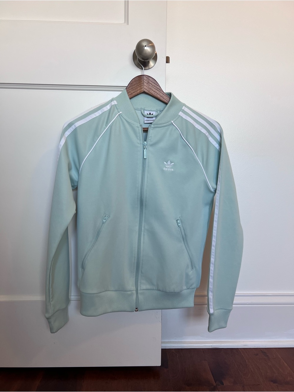 adidas Mint Green Zip-Up Track Jacket with White Stripes